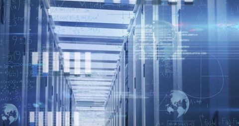 Futuristic Data Center Corridor with Digital Overlay Technology