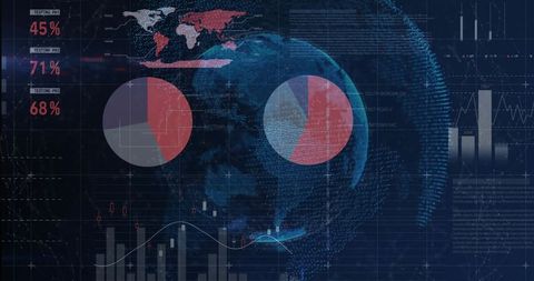 Digital globe analytics dashboard showing real-time global data visualization and charts