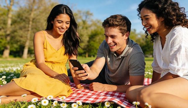 Young friends laughing on checkered picnic blanket in sunny park sharing phone and daisies candid jo
