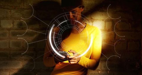 Woman Interacting with Futuristic Augmented Reality in Urban Setting