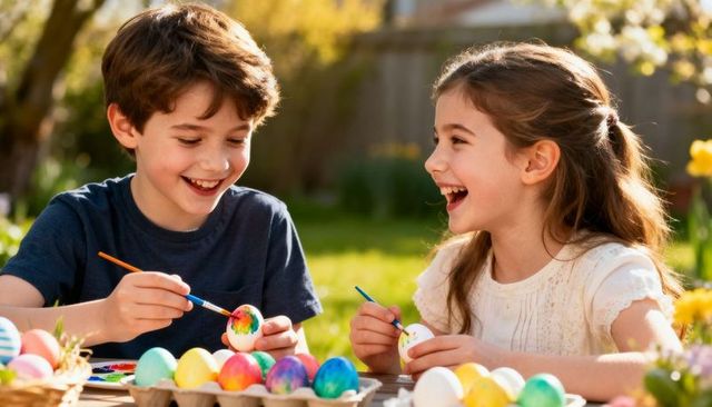 Siblings painting colorful easter eggs in sunny backyard laughing and crafting together