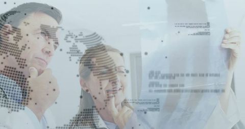 Doctors analyzing radiograph with global map overlay