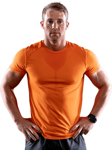 Muscular caucasian man in orange sports attire on transparent background