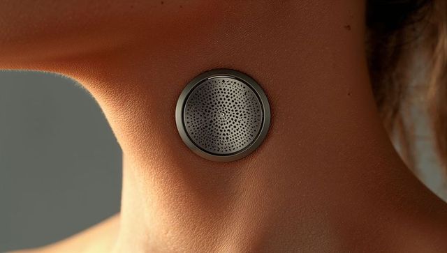 Close-up wearable neck sensor patch delivering continuous biometric monitoring, telehealth