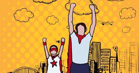 Father and Son Superhero Pose Above City