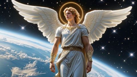 Celestial Angel Hovering Above Earth with Halo and Wings