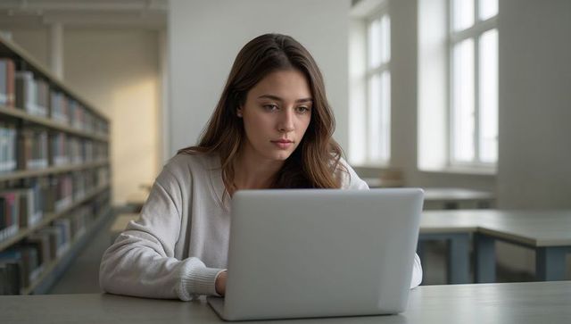 Young woman studying on laptop in bright library, focused student working solo at table