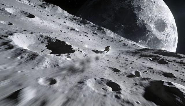 Rover-riding astronaut racing across cratered lunar slope kicking dust plume low-gravity