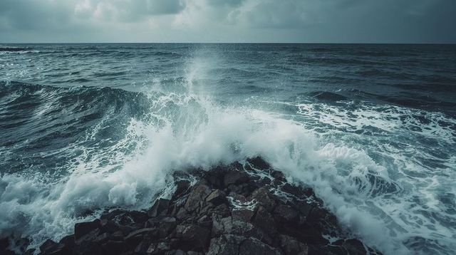 Moody ocean waves crashing on rocky outcrop, dramatic sea spray and rolling swells