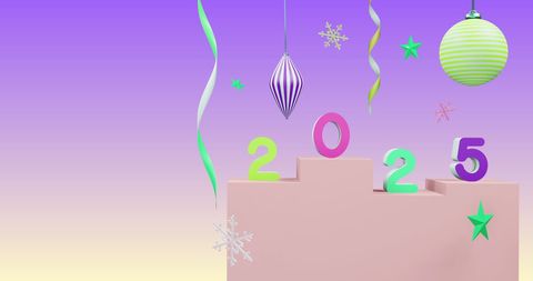 Futuristic 2025 New Year Celebration with Colorful Decorations