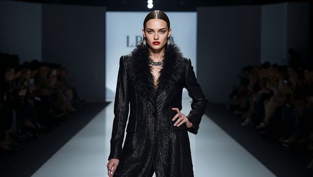 High-fashion model walking catwalk wearing black fur-collar coat and statement jewelry