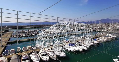 3d wireframe van hovering above coastal marina dock with luxury yachts and sailboats
