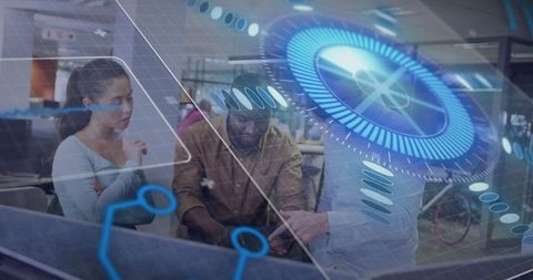 Team Collaborating Around Interactive Glass Table Displaying Futuristic Holographic Interface