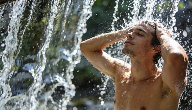 Sunlit Forest Waterfall Shower: Shirtless Man Rinsing Hair Under Cascading Water