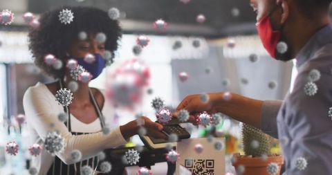 Shopping during pandemic with decorative virus overlay