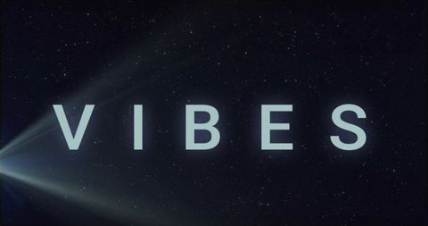 Vibes glowing cyan typography over cosmic starfield with cinematic left light beam