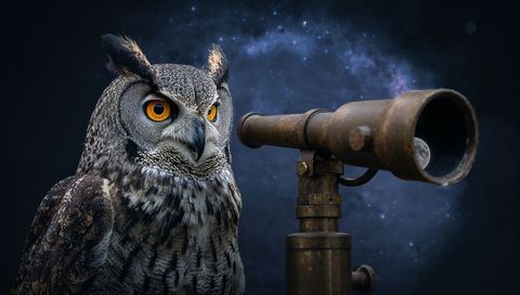 Horned Owl Peering Through Antique Telescope Under Milky Way Night Sky