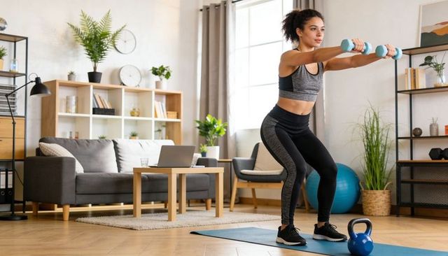 Squatting woman holding dumbbells on yoga mat in bright living room for home strength