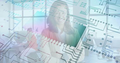 Smiling Businesswoman with Circuit Overlay in Modern Office