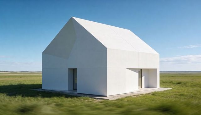 Minimal monolithic gable house on open prairie with recessed entrances and concrete plinth