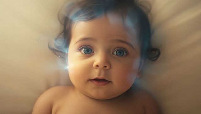 Infant Gazing with Golden Glow and Sparkles