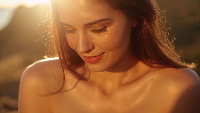 Golden hour backlit portrait freckled woman tilting head down, soft rim light closeup