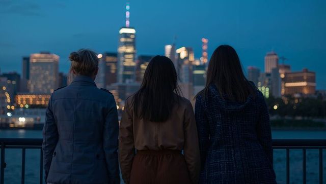 Three women watching city skyline at dusk on waterfront railing evening friendship moment