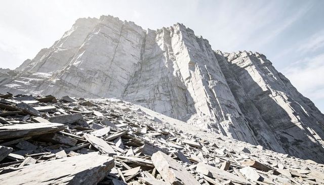 Sunlit gray cliff rising above talus slope with shattered slabs in remote alpine landscape