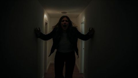 Screaming woman in dimly lit hallway expressing fear
