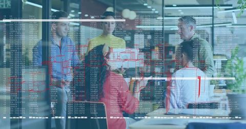 Professional team collaborates on 3d architectural schematic in modern office