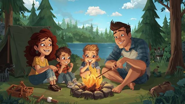 Family roasting marshmallows at lakeside campfire during relaxed forest camping trip