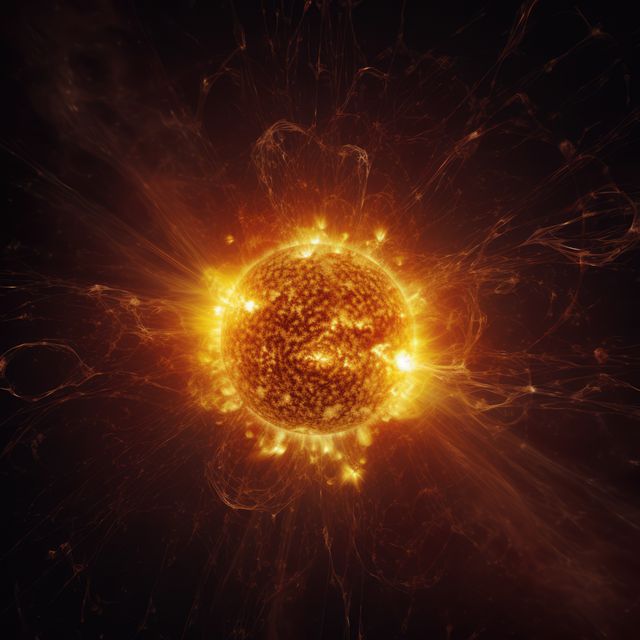 Representation of an intense, bright explosion or energy burst in dark space, ideal for science and technology topics. Can be used for presentations, energy symbolism, power visualizations, or abstract art projects requiring dynamic light and power imagery.