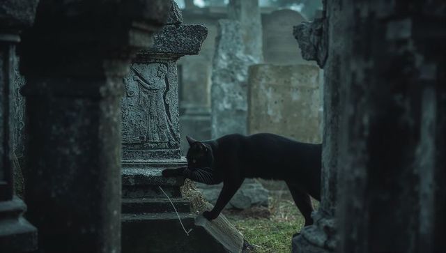 Black cat prowling through foggy cemetery among weathered stone monuments