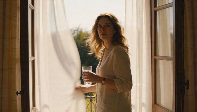 Woman holding glass, parting sheer curtain on sunlit balcony morning, relaxed linen style