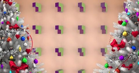 Artistic christmas trees with festive patterns and 3d geometric background