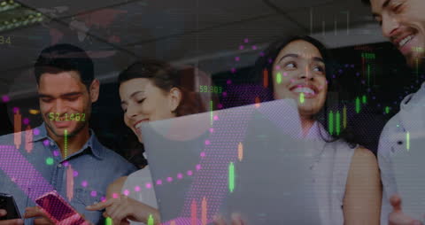 Colleagues Viewing Financial Data with Stock Market Graphics Overlay