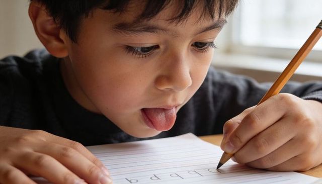 Young student practicing handwriting with pencil at desk concentrating on letter formation