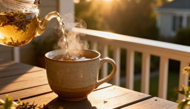 Pouring herbal tea into rustic ceramic mug on sunlit porch table at golden hour