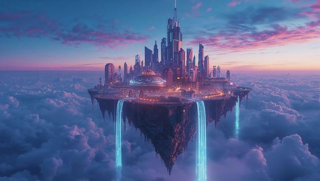 Futuristic Aerial Metropolis Island with Neon Waterfalls at Sunset