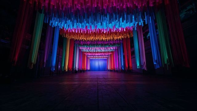Immersive Rainbow Fabric Canopy Installation with LED Gradient Lighting in Exhibition Hall