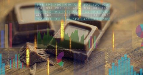 Dark chocolate squares with data overlays blending food still life and business concept