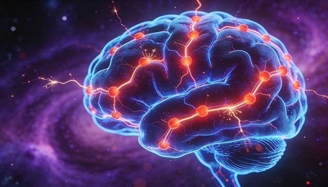 Neon neural network brain with glowing synapses, electric connectivity and ai concept
