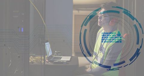 Engineer maintaining server network with cybersecurity concept