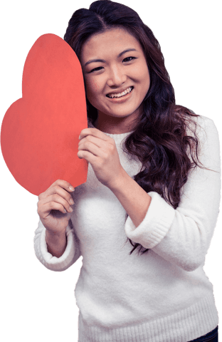 Smiling Woman Holding Transparent Red Paper Heart