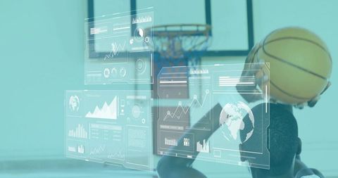 Basketball player aiming at hoop with augmented analytics hud overlay for performance