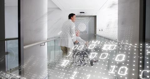 Caregiver pushing senior in wheelchair along clinic corridor with futuristic digital overlay