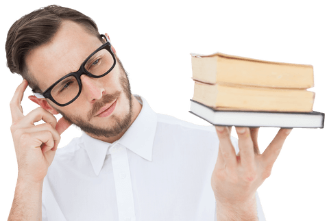 Perplexed Man Analyzing Transparent Stack of Books - Download Free Stock Videos Pikwizard.com