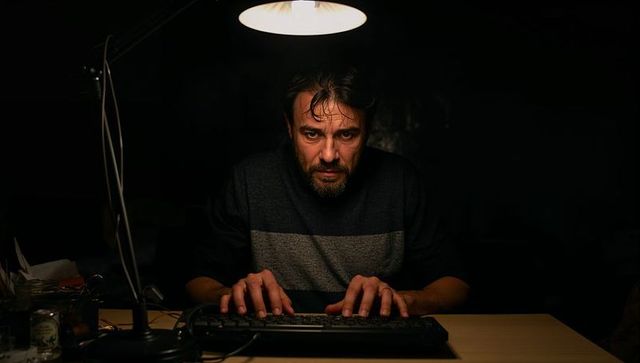 Intense bearded man typing under desk lamp leaning toward keyboard in moody lowlight night