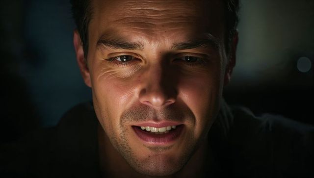 Moody cinematic closeup of mature man in dark hoodie glowing with warm uplight, textured skin