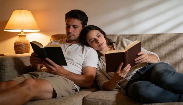 Couple reading together on sofa, cozy evening at-home lifestyle with warm lamp lighting